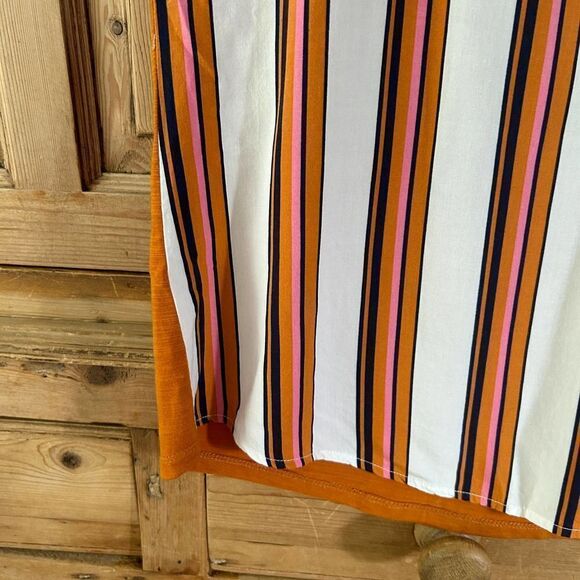 Porridge Clothing Womens XS Striped‎ Blouse Tee Orange White Blue Floral Trim - Picture 5 of 10